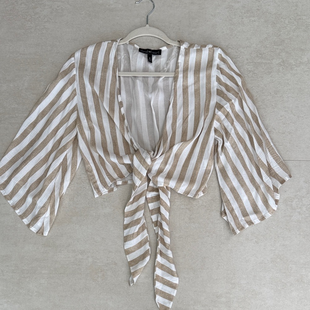 Derek Heart Beige and White Striped Tie-Front Blouse